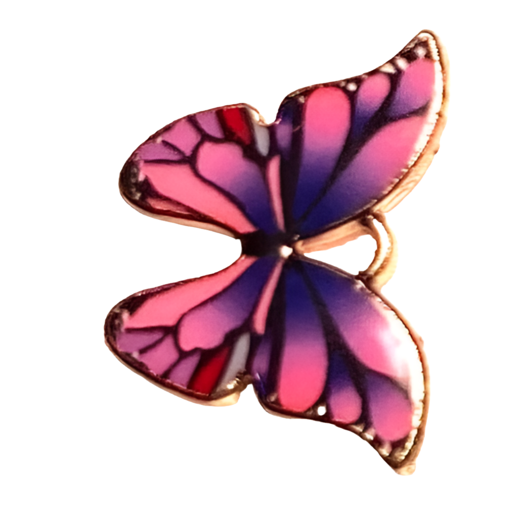 A Pink and Purple painted Butterfly Necklace with hints of cream.