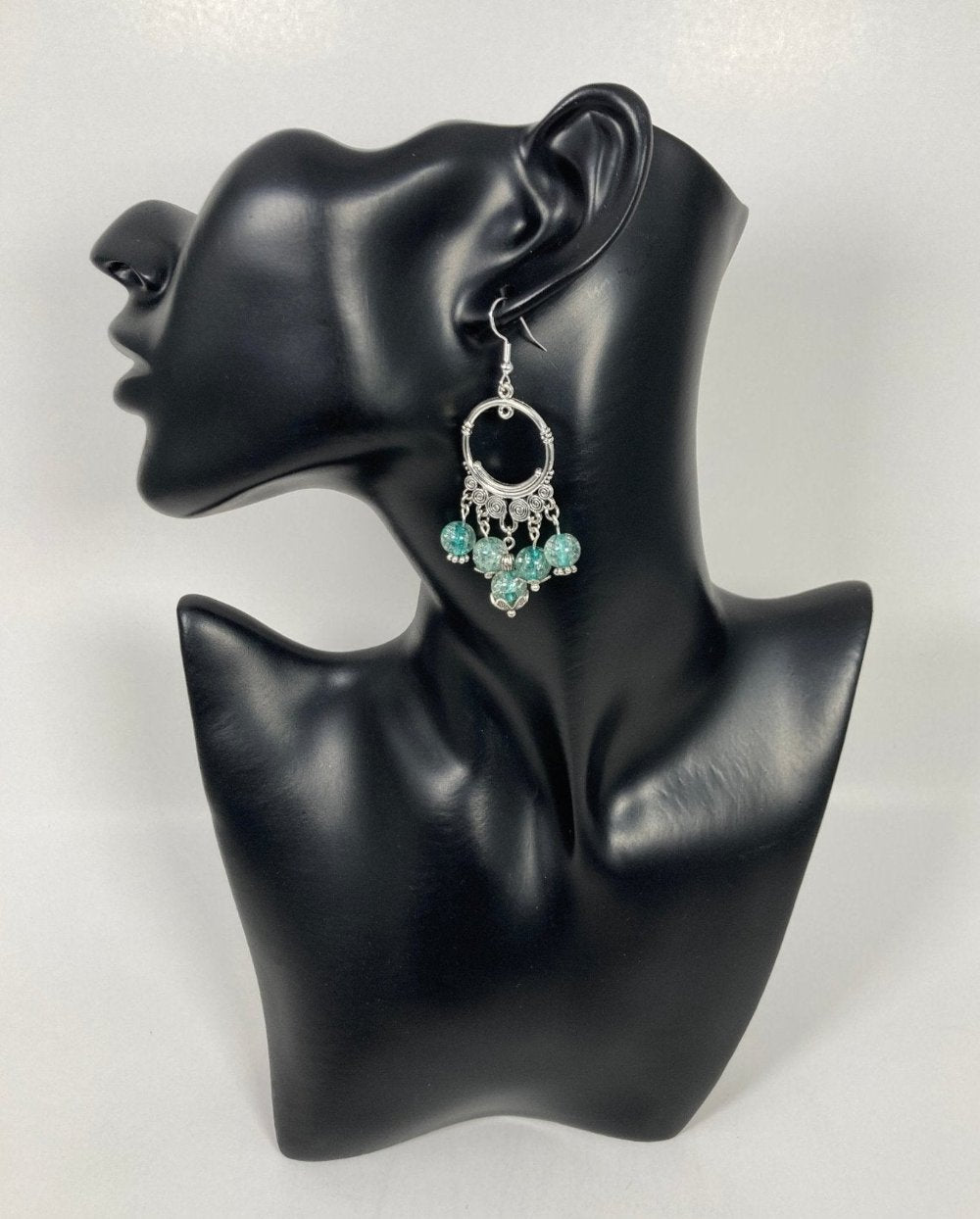 Chandelier Sphere shaped Earrings: Tibetan Silver, Ocean Blue, cracked glass beads, a Bohemian & Classic look. Approximately 3"s including hypoallergenic hooks.
