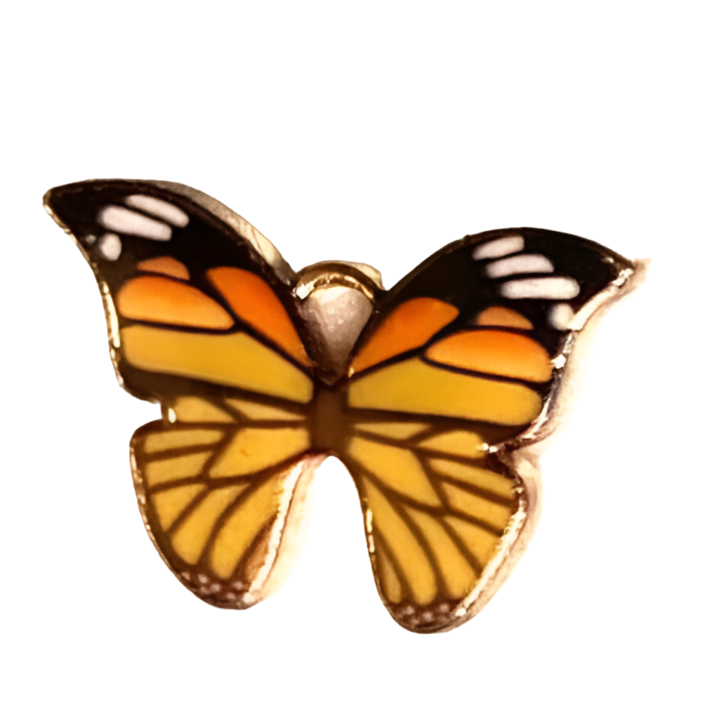 A Gold and Black painted Butterfly Necklace with hints of orange and cream.