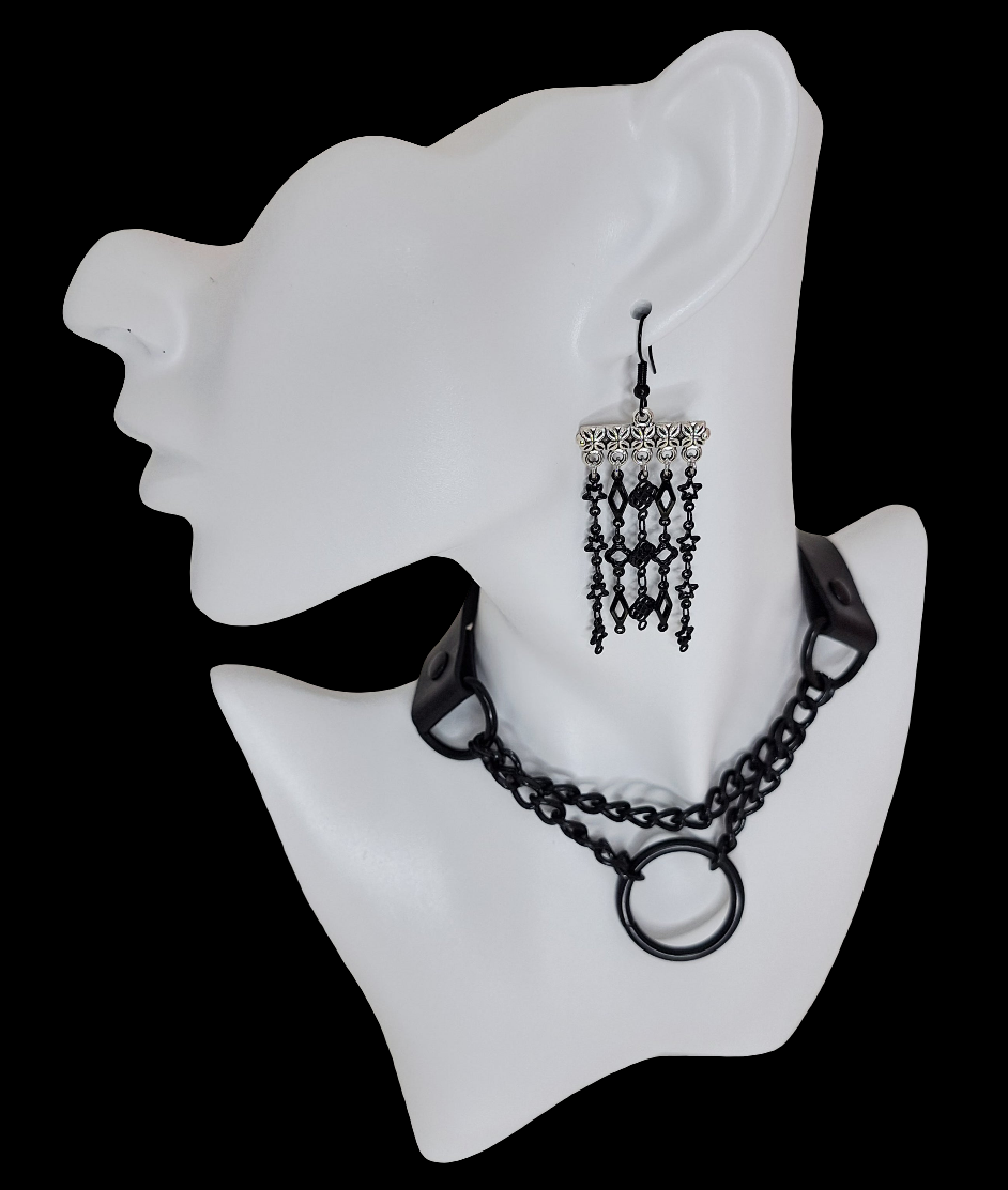 Black and silver coordinating chain earrings shown with all black 2 chain choker on a white mannequin on a black background.