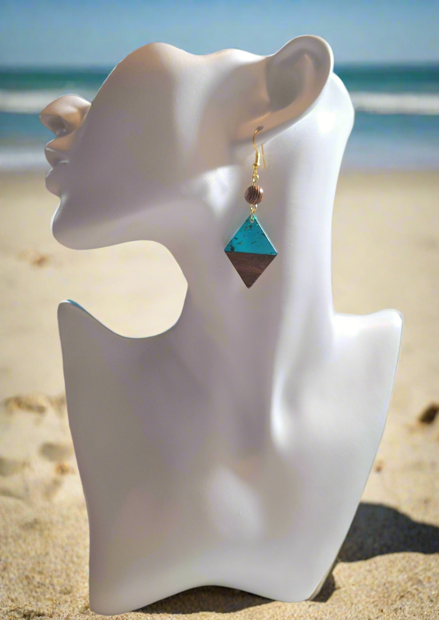 These earrings are turquoise colored resin acrylic with a 1/4" driftwood-look bead for a perfect complement. Finished with durable gold plated ear wires.
Measurements: 3/4"" in length (approx.)
Head's Up: This is a can't miss, Buy 1 get 1 item. Buy your first pair for $8.00 and get the 2nd for $7.00. A really good buy at (two for $15.00.)