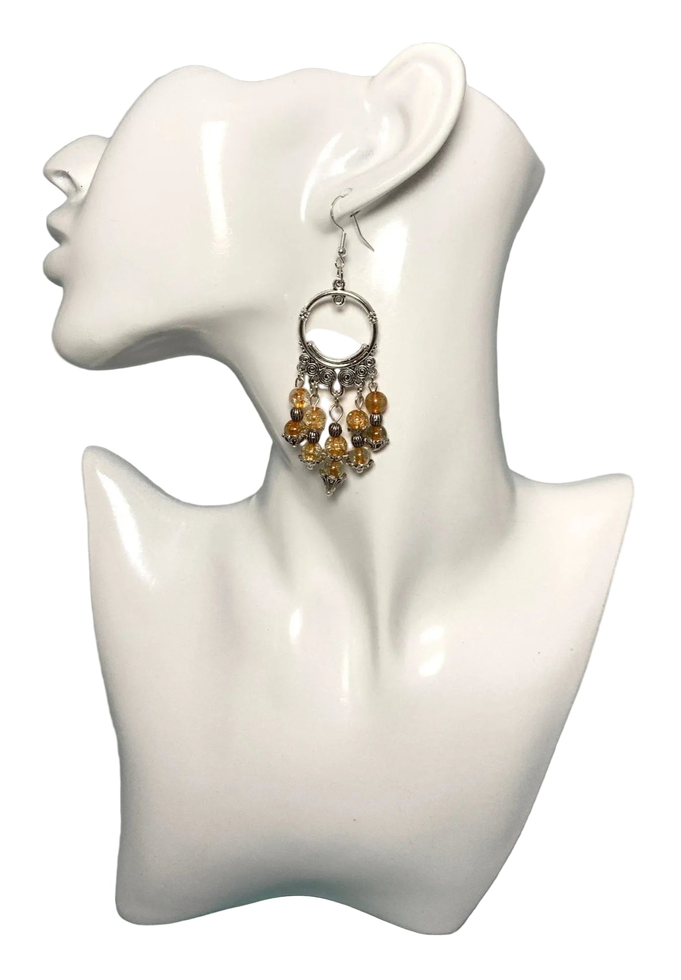 Chandelier Sphere shaped Silver colored Earrings. Amber colored cracked glass beads, Bohemian & Classic look. Approximately 3" long, including the hypoallergenic hooks.