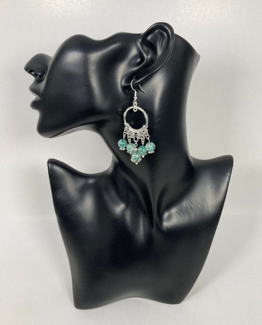 Chandelier Sphere shaped Earrings: Tibetan Silver,  Ocean Blue, cracked glass beads, a Bohemian & Classic look. Approximately 3"s including hypoallergenic hooks. 