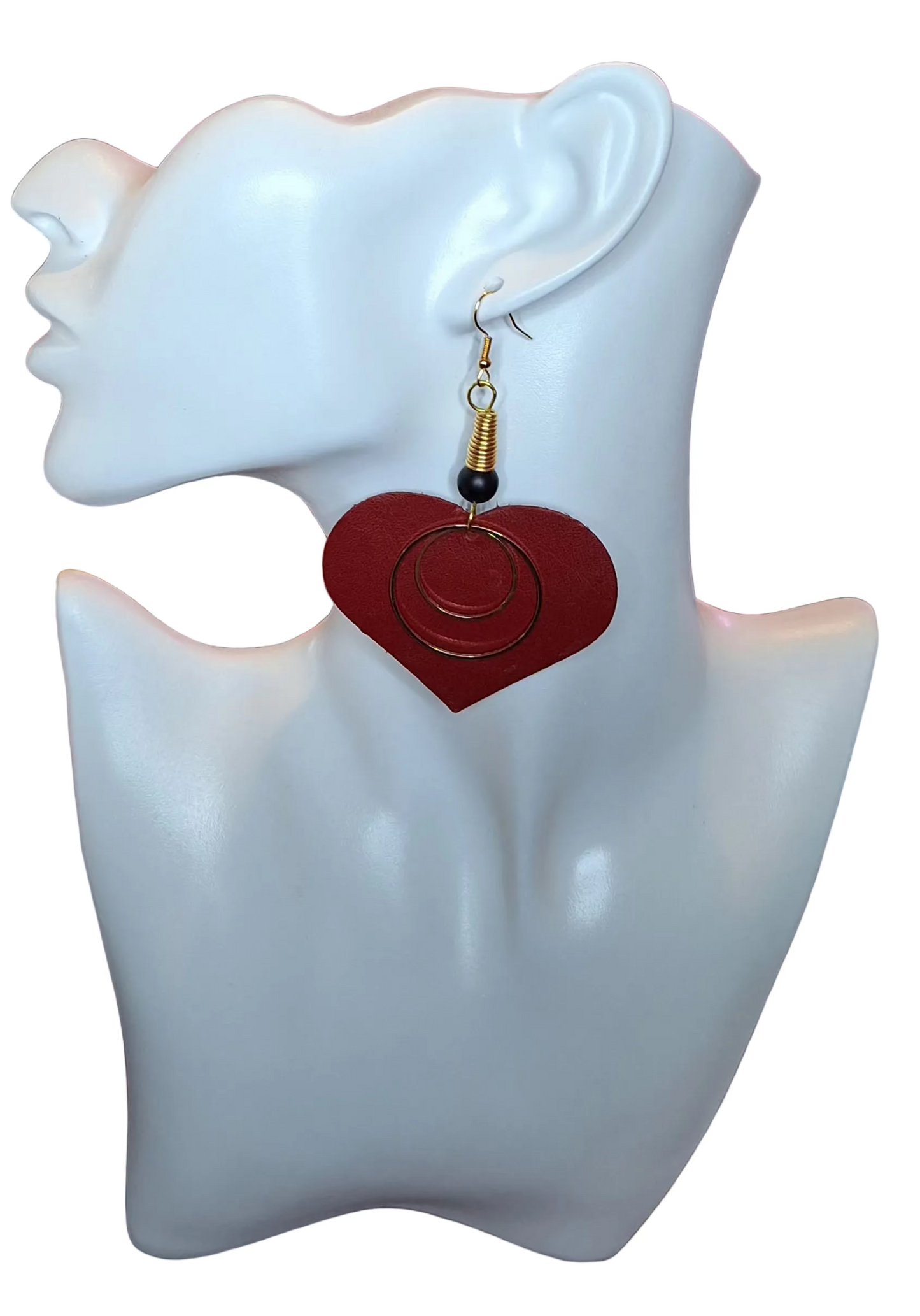 Deep Red Heart-shaped earrings. 2 hoops 3/4" and 1 1/4" (approx.) in gold, matte black bead topped with a matching spiral and finished with  hypoallergenic ear wires.
