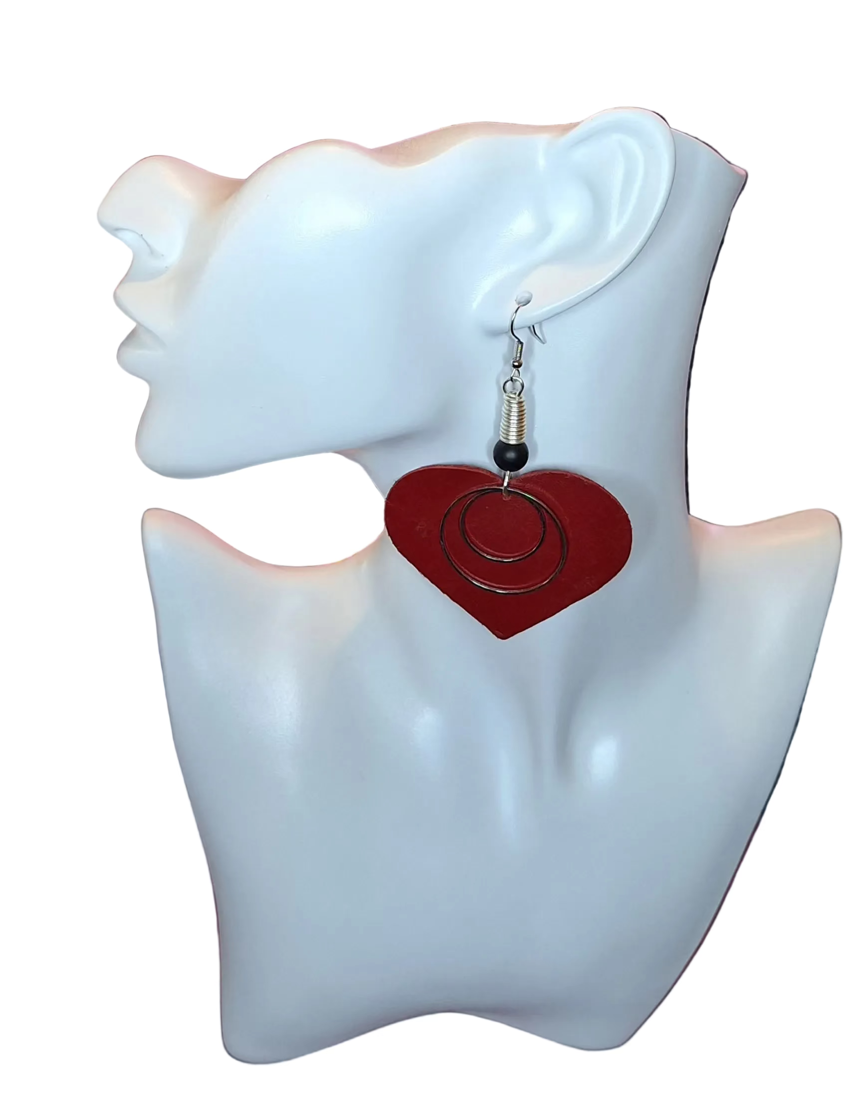 Deep Red Heart-shaped earrings. 2 hoops 3/4" and 1 1/4" (approx.) in silver, matte black bead topped with a matching spiral and finished with  hypoallergenic ear wires.