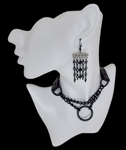 Black and silver coordinating chain earrings shown with all black 2 chain choker on a white mannequin on a black background.