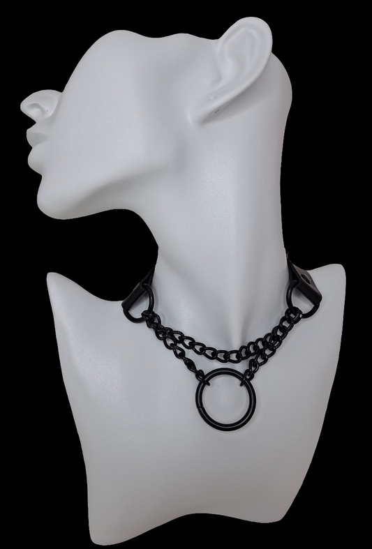 Black - 2 chain goth style Choker with 1 sphere shape and 2 D rings on a white mannequin bust, on a black background.