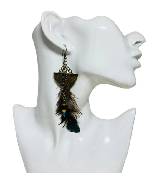 This smoky looking pair will put you in a sexy &amp; fun-loving mood. Nature inspired with a stained half moon wooden slice, an alloy bronze metal leaf, coordinating glass beads, small chain links and finished with (hypoallergenic) ear wires. both the slice and the actual feather have iridescent colors which definitely elevate the design.