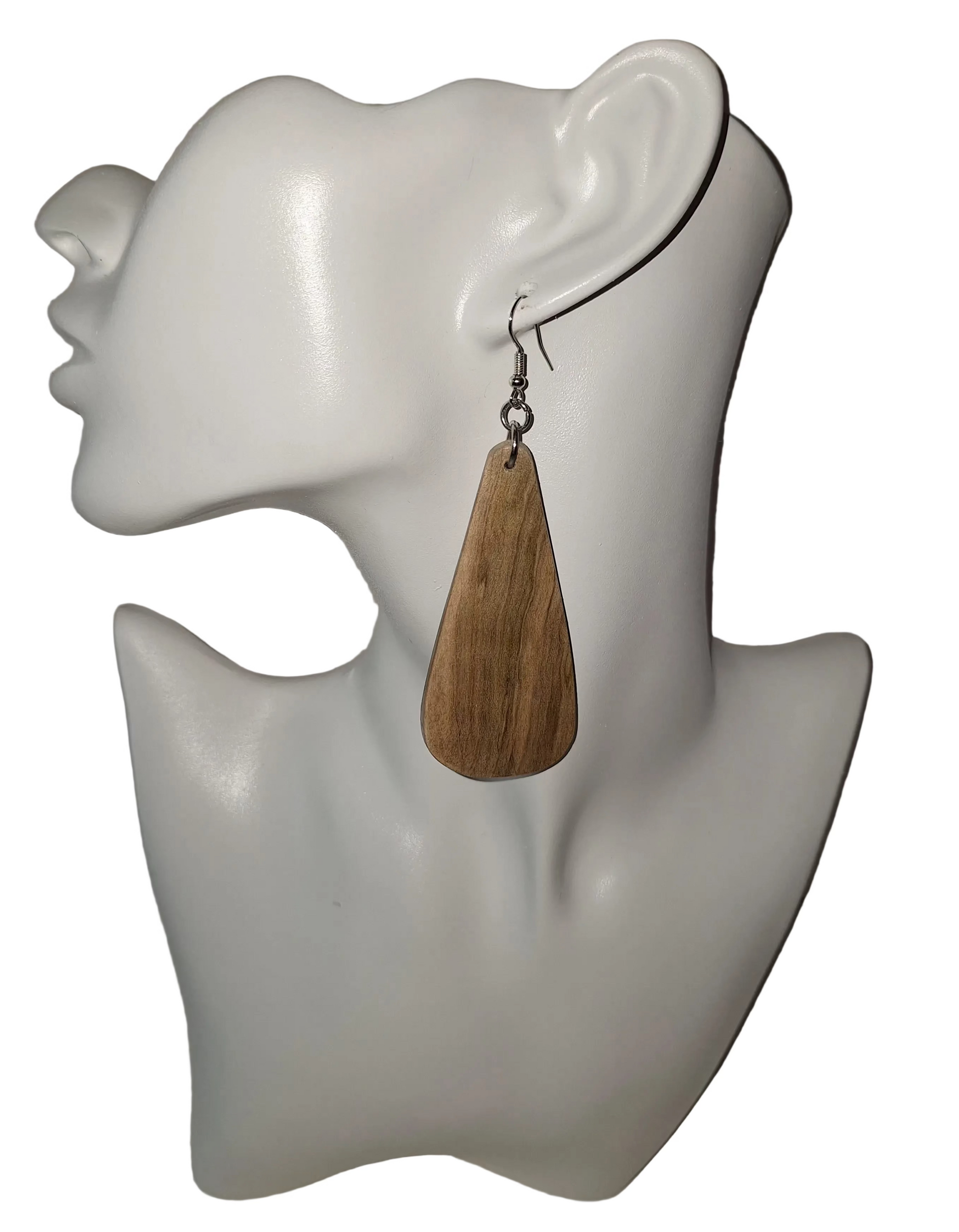 A single teardrop-shaped wooden dangle earring with a natural wood grain finish and a silver-tone fishhook ear wire, shown hanging against a plain white background.