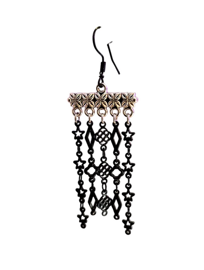 Three differently styled black chain designs, hang from a silver bar. Paired with a black enameled Hypoallergenic ear wire.&nbsp;