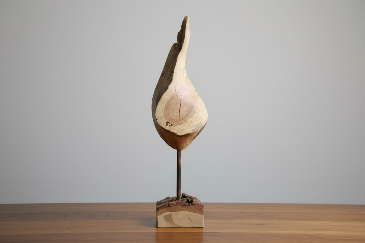 A rustic live-edge wood sculpture on a dark wooden stand with a square wooden base, displayed honey stained table against a gray wall backdrop. Measurements: 12" tall x 5" at it's widest point. 

The note is a non-specific wood origin found in Northeastern Massachusetts while it’s base is beautifully weathered oak wood block.
(Not including the base) which is; 4" x 3" x 2".