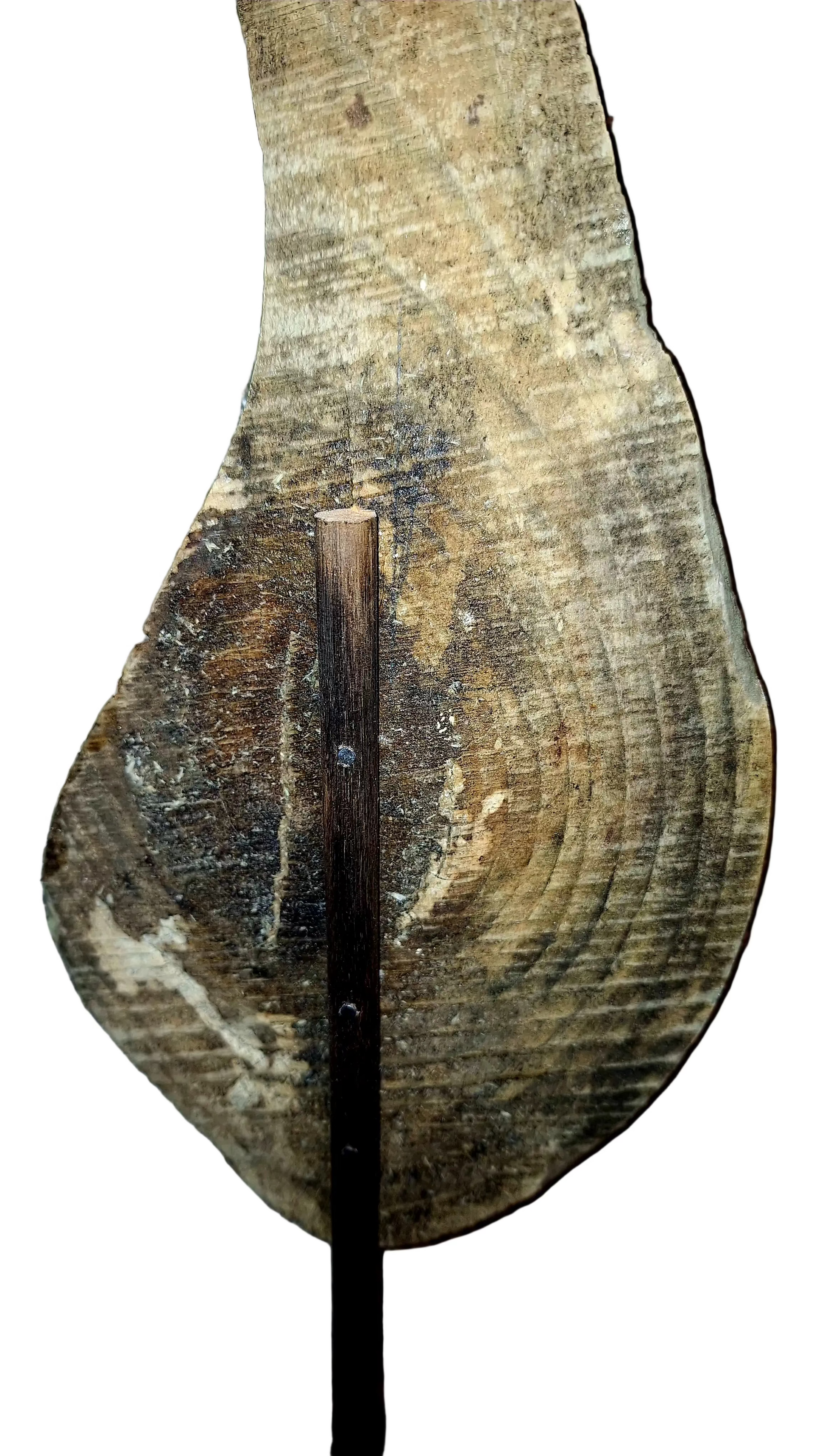 A rustic live-edge wood sculpture on a dark wooden stand with a square wooden base, displayed against a white backdrop.