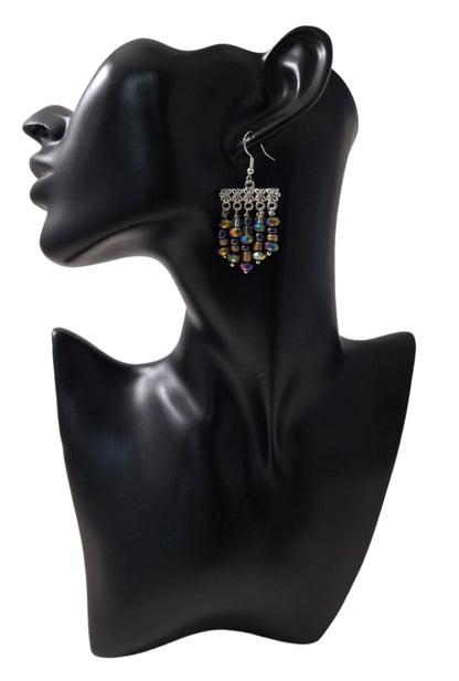 Make a statement with this playful and stylish Festive pair. You'll be the life of the party and well accessorized for any occasion.

Measurements: 1 1/4" (not including the Sterling silver ear wire).&nbsp;
Six colorful beads in graduating sizes - including iridescent Rondelle beads, gold, black Hermatite, and clear beads.&nbsp;