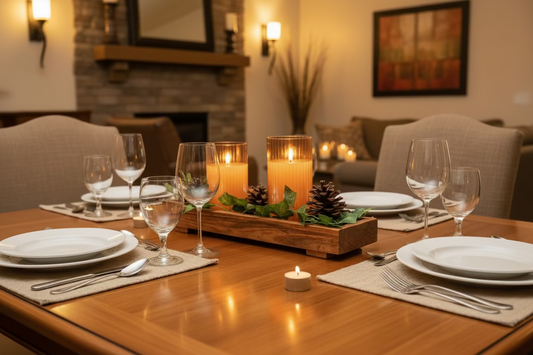 A rustic wooden tray centerpiece with two ribbed clear glass candle holders, green ivy, pinecones on a dining table set with a light neutral background.


