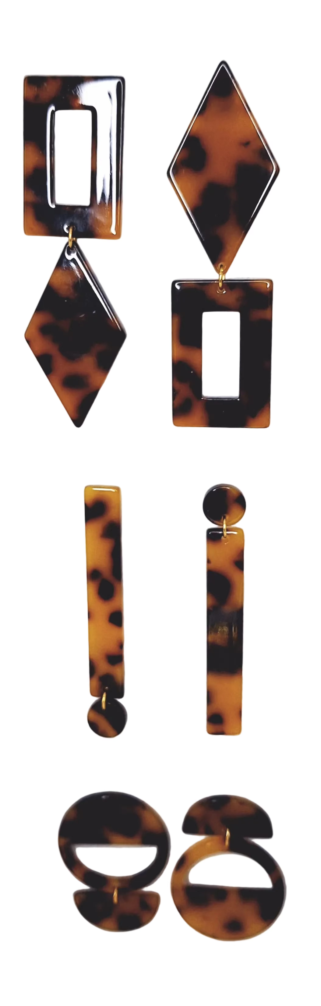 Set of tortoise shell geometric earrings on a white background. Available in 3 styles: Diamond/Rectangle (DR), Bar/Dot (BD) and Circle/Cutout (CC). Paired with a small gold ring finding, for a totally finished look.

Approximately 1 1/2" long with stainless stud and slip proof snug translucent rubber back.