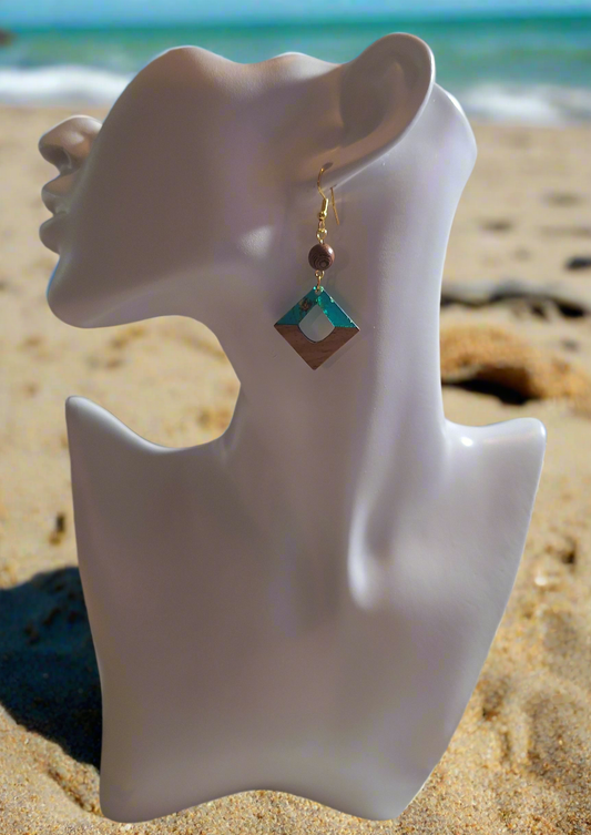 These earrings are turquoise colored resin acrylic with a 1/4" driftwood-look bead for a perfect complement. Finished with durable gold plated ear wires.&nbsp;

Measurements: 3/4" in length (approx.)

Head's Up: This is a can't miss, Buy 1 get 1 item. Buy your first pair for $8.00 and get the 2nd for $7.00. A really good buy at (2 for $15.00.)
