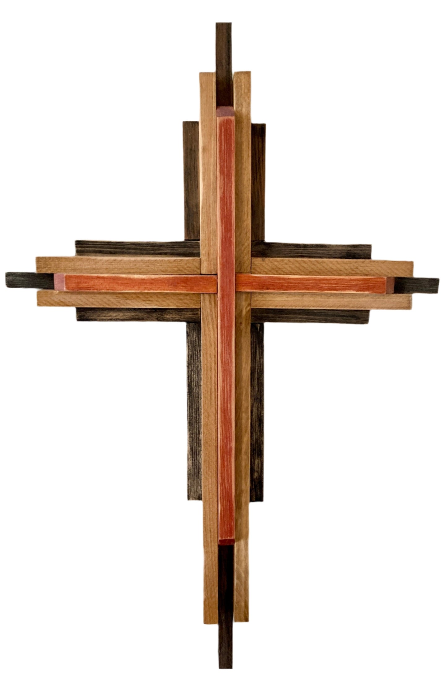 A series of several maple wood stain finishes combined together creates this authentic yet modern design.&nbsp; L

A final Polyurethane protective coat completes the cross to extend it's&nbsp; inspirational look.
Large pictured here:
Comes with a Heavy duty screw for hanging.&nbsp;
Available in two sizes for the perfect space.&nbsp;
Small (S) - 16 1/2 x 9 1/2" and Large (L) - 32 x 21".&nbsp;