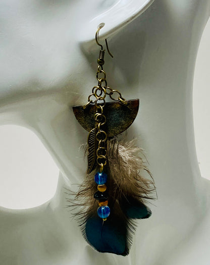 Iridescent Feathers, Wood & Brass - Earrings