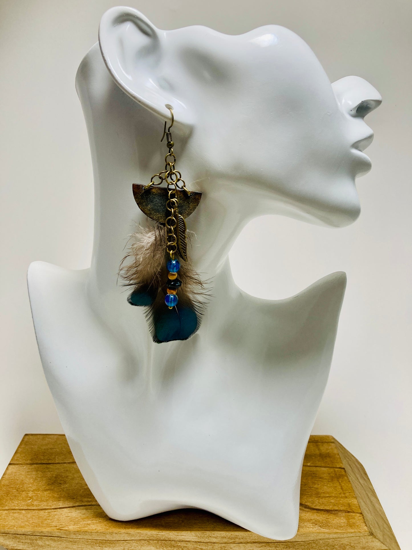 Iridescent Feathers, Wood & Brass - Earrings