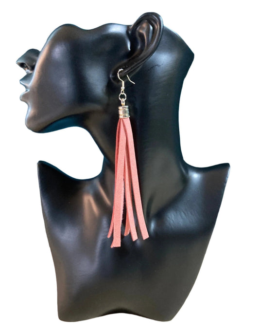 5" Suede-look Tassel Earring. Five, 1/4" wide suede "type" fabric with soft backing. A slightly different style than our 4" Tassel style. in Dusty Rose color. Additional colors available soon. A very Jazzy & Elegant look.